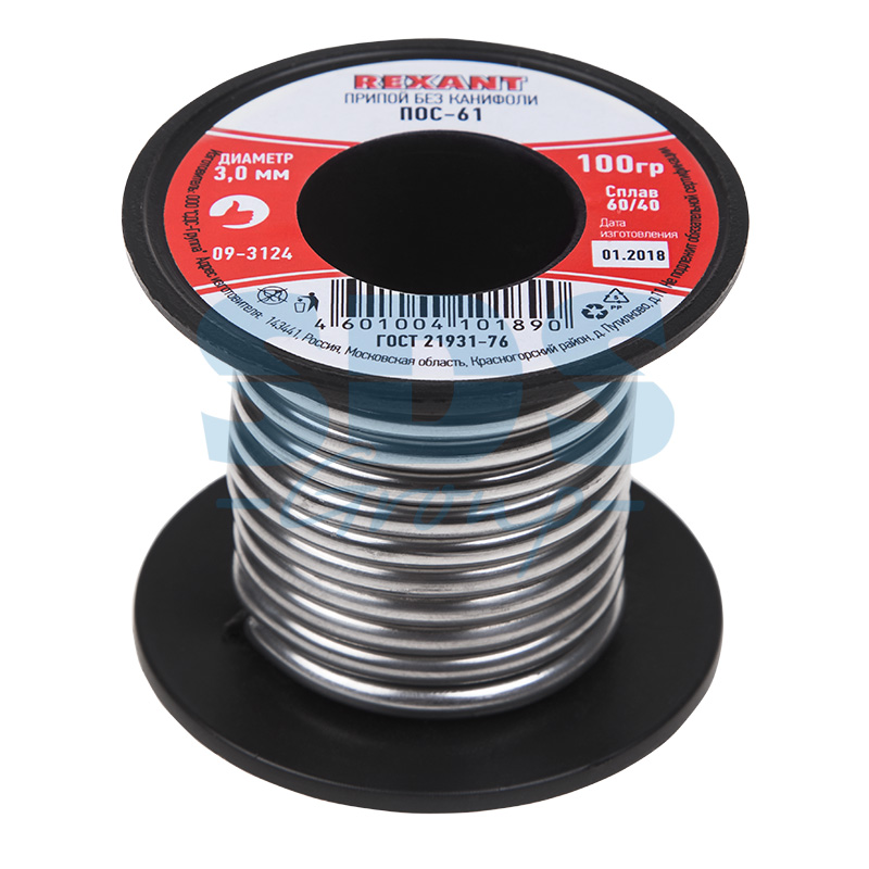 Припой без канифоли ПОС-61, 100г, Ø3мм, (олово 61%, свинец 39%), катушка REXANT